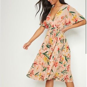 Pink Floral Pleated Midi Dress